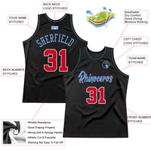 Load image into Gallery viewer, Custom Black Red-Light Blue Authentic Throwback Basketball Jersey