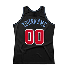 Load image into Gallery viewer, Custom Black Red-Light Blue Authentic Throwback Basketball Jersey