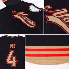 Load image into Gallery viewer, Custom Black Old Gold-Red Hockey Jersey