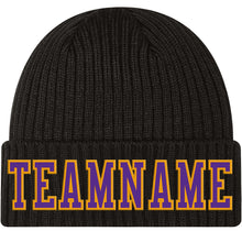 Load image into Gallery viewer, Custom Black Purple-Gold Stitched Cuffed Knit Hat