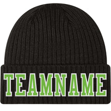 Load image into Gallery viewer, Custom Black Neon Green-White Stitched Cuffed Knit Hat