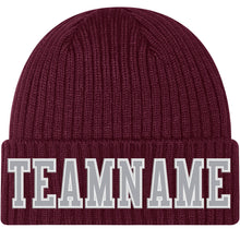 Load image into Gallery viewer, Custom Burgundy Gray-White Stitched Cuffed Knit Hat