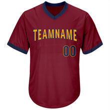 Load image into Gallery viewer, Custom Crimson Navy-Gold Authentic Throwback Rib-Knit Baseball Jersey Shirt