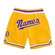 Load image into Gallery viewer, Custom Gold Purple-White Authentic Throwback Basketball Shorts
