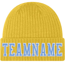 Load image into Gallery viewer, Custom Gold Light Blue-White Stitched Cuffed Knit Hat