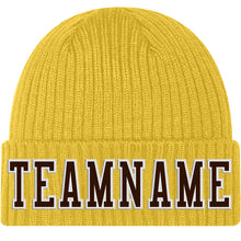 Load image into Gallery viewer, Custom Gold Brown-White Stitched Cuffed Knit Hat