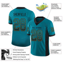 Load image into Gallery viewer, Custom Teal Black-Old Gold Mesh Drift Fashion Football Jersey