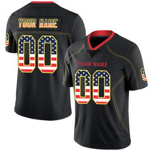Load image into Gallery viewer, Custom Lights Out Black Gold-Scarlet USA Flag Fashion Football Jersey