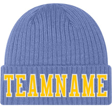 Load image into Gallery viewer, Custom Light Blue Gold-White Stitched Cuffed Knit Hat