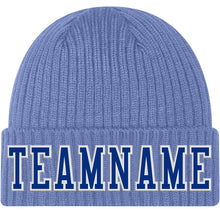 Load image into Gallery viewer, Custom Light Blue Royal-White Stitched Cuffed Knit Hat