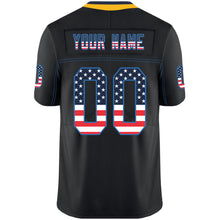 Load image into Gallery viewer, Custom Lights Out Black Powder Blue-Gold USA Flag Fashion Football Jersey