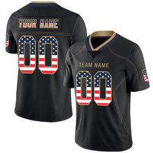 Load image into Gallery viewer, Custom Lights Out Black Old Gold-Navy USA Flag Fashion Football Jersey
