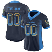 Load image into Gallery viewer, Custom Navy Powder Blue-Gold Mesh Drift Fashion Football Jersey