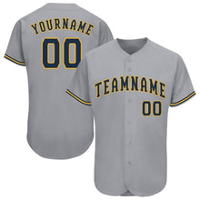 Load image into Gallery viewer, Custom Gray Navy-Gold Baseball Jersey