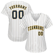 Load image into Gallery viewer, Custom White Royal Strip Navy-Gold Baseball Jersey