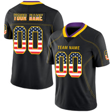 Load image into Gallery viewer, Custom Lights Out Black Gold-Purple USA Flag Fashion Football Jersey