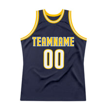 Load image into Gallery viewer, Custom Navy White-Gold Authentic Throwback Basketball Jersey