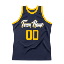 Load image into Gallery viewer, Custom Navy Gold-White Authentic Throwback Basketball Jersey