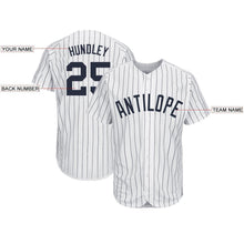 Load image into Gallery viewer, Custom White Navy Strip Navy Baseball Jersey