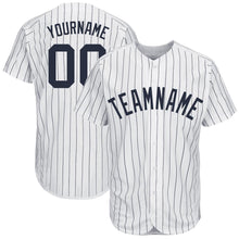 Load image into Gallery viewer, Custom White Navy Strip Navy Baseball Jersey
