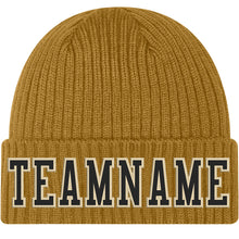 Load image into Gallery viewer, Custom Old Gold Black-Cream Stitched Cuffed Knit Hat