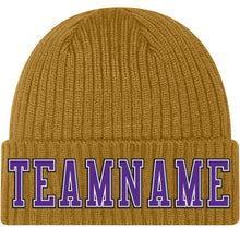 Load image into Gallery viewer, Custom Old Gold Purple-Black Stitched Cuffed Knit Hat