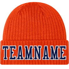 Load image into Gallery viewer, Custom Orange Navy-White Stitched Cuffed Knit Hat