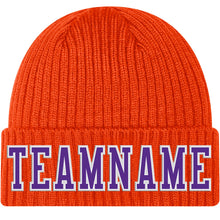 Load image into Gallery viewer, Custom Orange Purple-White Stitched Cuffed Knit Hat