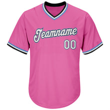 Load image into Gallery viewer, Custom Pink White-Light Blue Authentic Throwback Rib-Knit Baseball Jersey Shirt