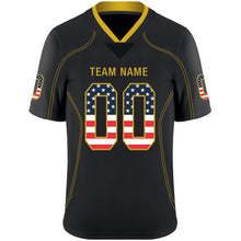 Load image into Gallery viewer, Custom Lights Out Black Gold-Navy USA Flag Fashion Football Jersey