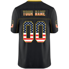 Load image into Gallery viewer, Custom Lights Out Black Gold-Navy USA Flag Fashion Football Jersey