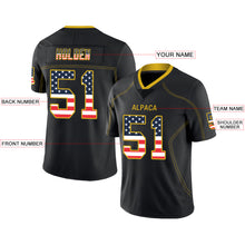 Load image into Gallery viewer, Custom Lights Out Black Gold-Navy USA Flag Fashion Football Jersey
