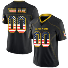 Load image into Gallery viewer, Custom Lights Out Black Gold-Navy USA Flag Fashion Football Jersey
