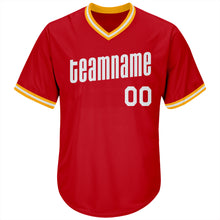 Load image into Gallery viewer, Custom Red White-Gold Authentic Throwback Rib-Knit Baseball Jersey Shirt