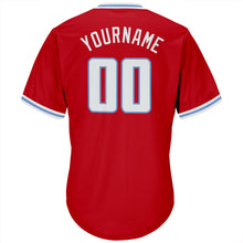Load image into Gallery viewer, Custom Red White-Light Blue Authentic Throwback Rib-Knit Baseball Jersey Shirt