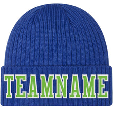 Load image into Gallery viewer, Custom Royal Neon Green-White Stitched Cuffed Knit Hat