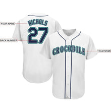 Load image into Gallery viewer, Custom White Navy-Aqua Baseball Jersey