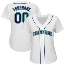 Load image into Gallery viewer, Custom White Navy-Aqua Baseball Jersey