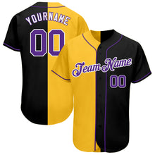 Load image into Gallery viewer, Custom Black Purple-Gold Authentic Split Fashion Baseball Jersey