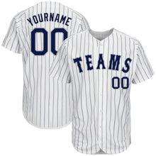 Load image into Gallery viewer, Custom White Navy Strip Navy-Gray Authentic Baseball Jersey