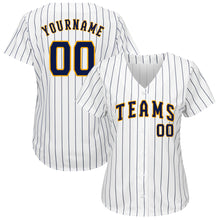 Load image into Gallery viewer, Custom White Navy Strip Navy-Gold Authentic Baseball Jersey