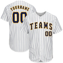 Load image into Gallery viewer, Custom White Navy Strip Navy-Gold Authentic Baseball Jersey