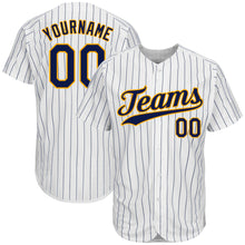 Load image into Gallery viewer, Custom White Navy Strip Navy-Gold Authentic Baseball Jersey