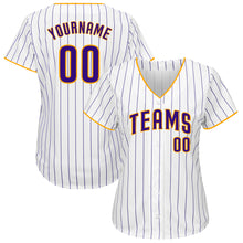 Load image into Gallery viewer, Custom White Purple Strip Purple-Gold Authentic Baseball Jersey