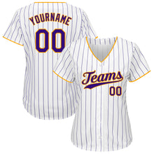 Load image into Gallery viewer, Custom White Purple Strip Purple-Gold Authentic Baseball Jersey