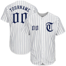 Load image into Gallery viewer, Custom White Navy Strip Navy-Gray Authentic Baseball Jersey