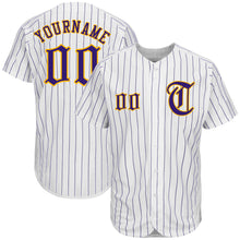 Load image into Gallery viewer, Custom White Purple Strip Purple-Gold Authentic Baseball Jersey