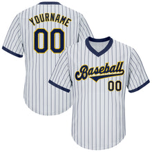 Load image into Gallery viewer, Custom White Navy Strip Navy-Gold Authentic Throwback Rib-Knit Baseball Jersey Shirt