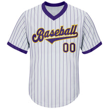 Load image into Gallery viewer, Custom White Purple Strip Purple-Gold Authentic Throwback Rib-Knit Baseball Jersey Shirt
