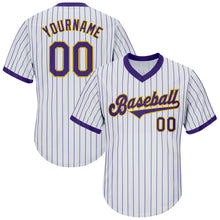 Load image into Gallery viewer, Custom White Purple Strip Purple-Gold Authentic Throwback Rib-Knit Baseball Jersey Shirt